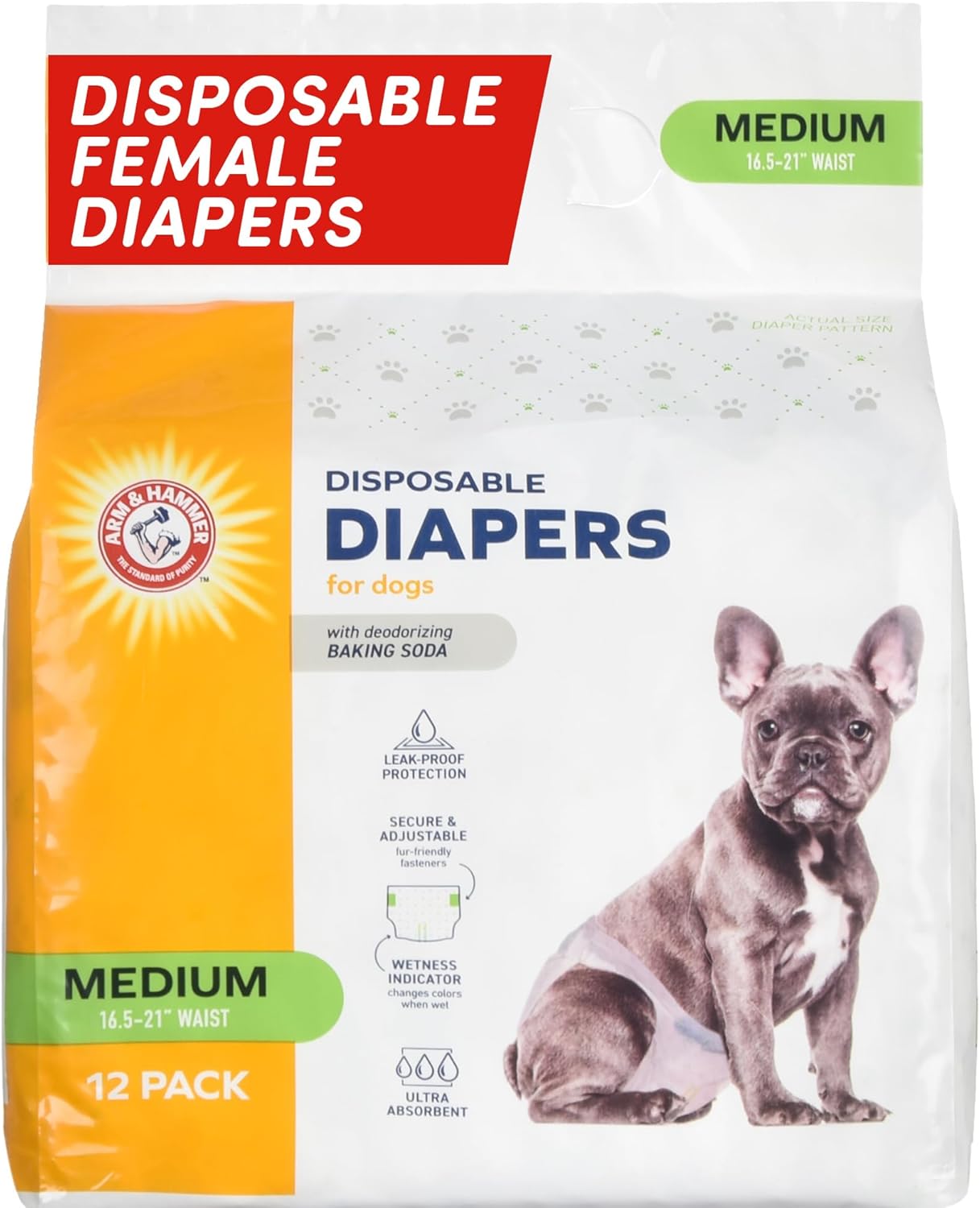 Arm & Hammer Ultra-Absorbent Dog Diapers – 12 Pack Disposable Wraps with Leak-Proof Fit & Wetness Indicator for Male & Female Pets