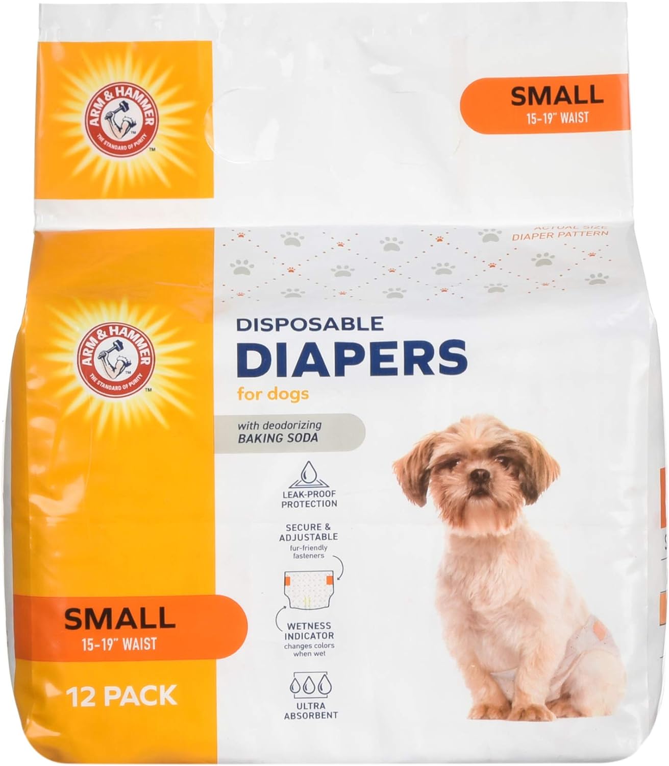 Arm & Hammer Ultra-Absorbent Dog Diapers – 12 Pack Disposable Wraps with Leak-Proof Fit & Wetness Indicator for Male & Female Pets