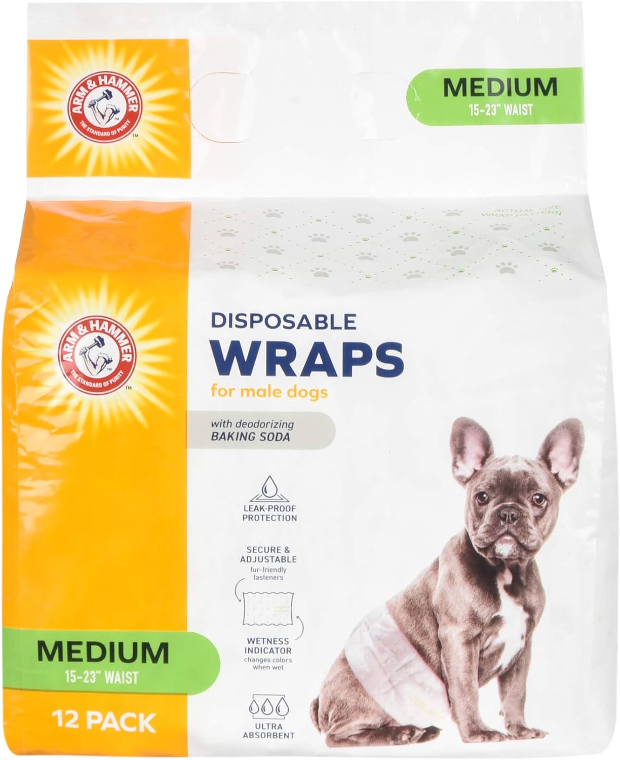 Arm & Hammer Ultra-Absorbent Dog Diapers – 12 Pack Disposable Wraps with Leak-Proof Fit & Wetness Indicator for Male & Female Pets