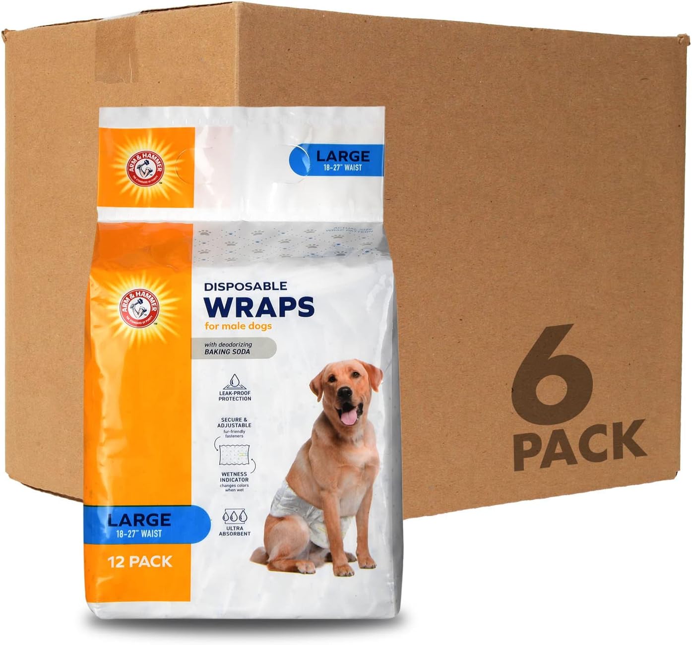 Arm & Hammer Ultra-Absorbent Dog Diapers – 12 Pack Disposable Wraps with Leak-Proof Fit & Wetness Indicator for Male & Female Pets